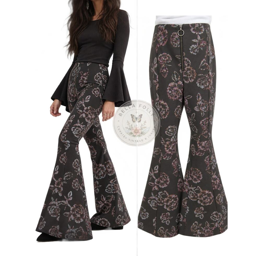 Free People Born To Be Wild Floral Bell Bottom Flare Pants 10 EUC Stretch Flare